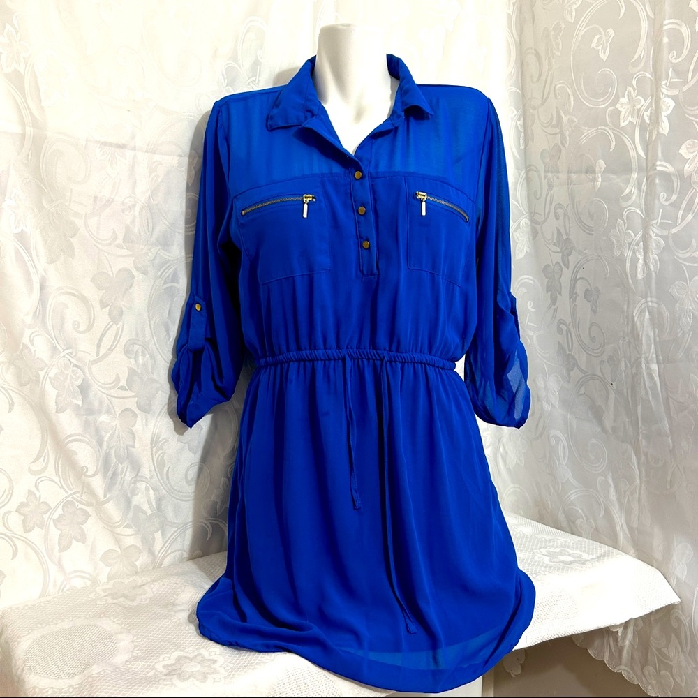 imPRESS Vibrant Royal Blue Collared Roll Up Sleeve Sheer A-Line Skirt Dress